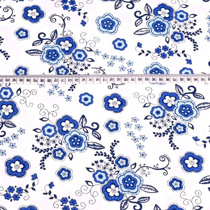 Tissu Popeline Coton Fleurs Bleues Sur Blanc Pur