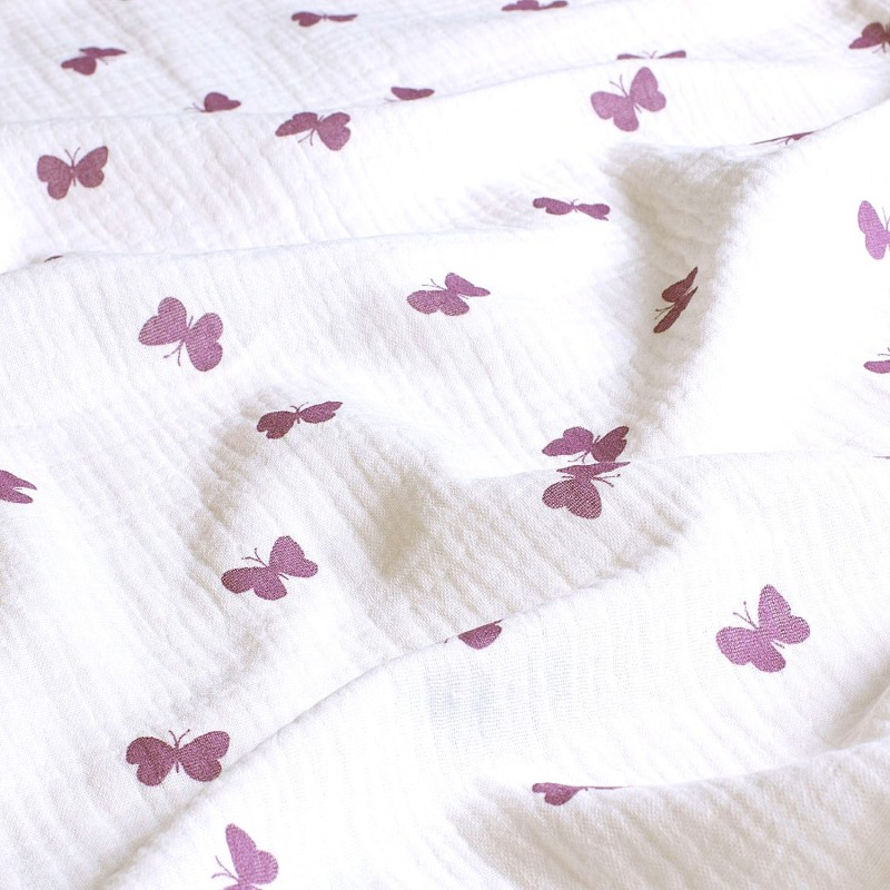 Tissu Double Gaze de Coton Gaze Papillon Violet | Tissus Loup