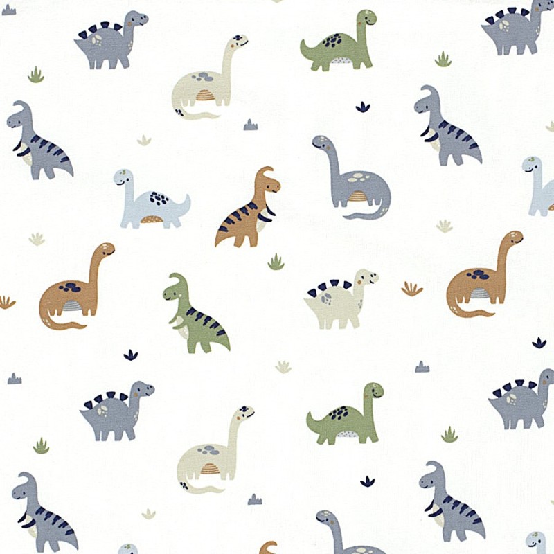 Tissu Jersey coton Dinosaures Fond Blanc Cassé | Tissus Loup