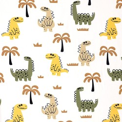 Tissu Jersey coton Dinosaures Joyeux et Palmiers Fond Blanc Cassé | Tissus Loup