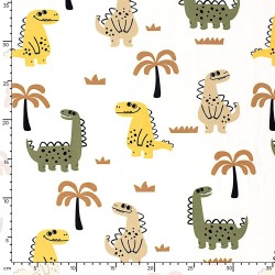 Tissu Jersey coton Dinosaures Joyeux et Palmiers Fond Blanc Cassé | Tissus Loup