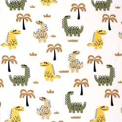 Tissu Jersey coton Dinosaures Joyeux et Palmiers Fond Blanc Cassé | Tissus Loup