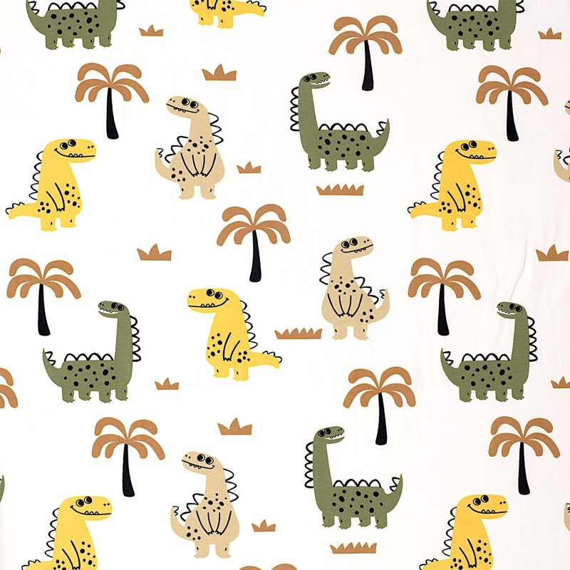 Tissu Jersey coton Dinosaures Joyeux et Palmiers Fond Blanc Cassé | Tissus Loup