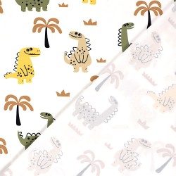 Tissu Jersey coton Dinosaures Joyeux et Palmiers Fond Blanc Cassé | Tissus Loup