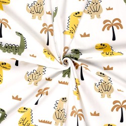Tissu Jersey coton Dinosaures Joyeux et Palmiers Fond Blanc Cassé | Tissus Loup