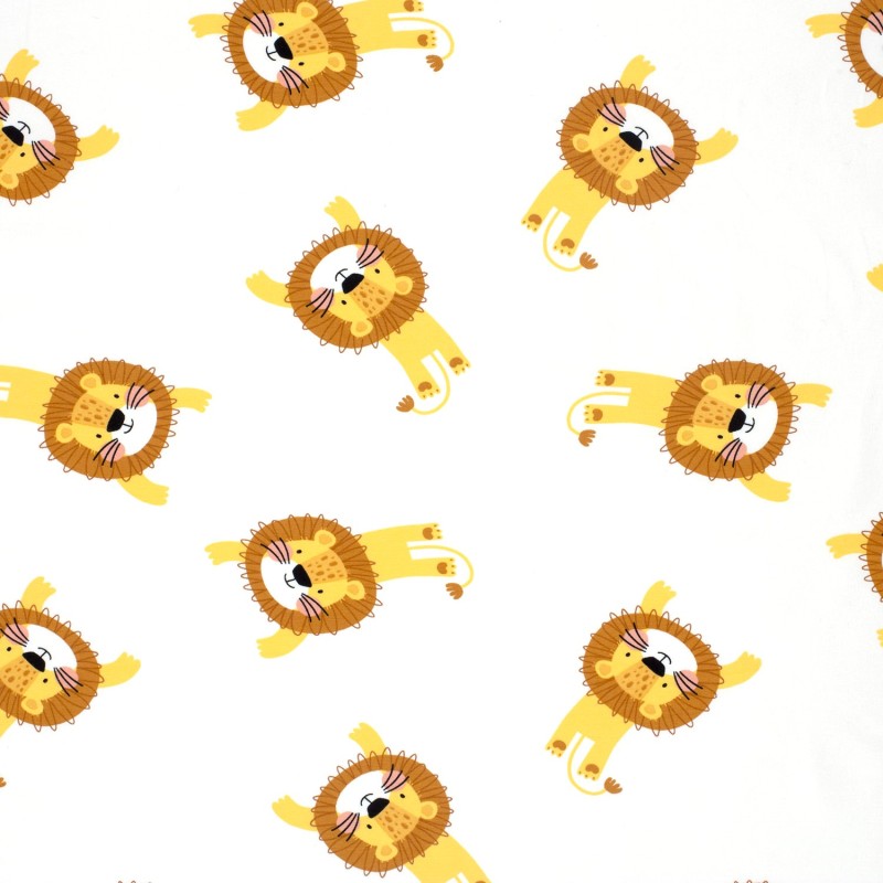 Tissu Jersey coton Petits Lions Fond Blanc Cassé | Tissus Loup