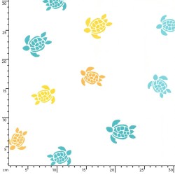 Tissu Jersey coton Tortues Jaune Turquoise et Orange Fond Blanc Cassé | Tissus Loup