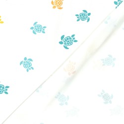 Tissu Jersey coton Tortues Jaune Turquoise et Orange Fond Blanc Cassé | Tissus Loup