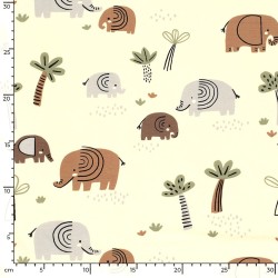 Tissu Jersey coton Éléphant dans la Savane Fond Blanc écru | Tissus Loup