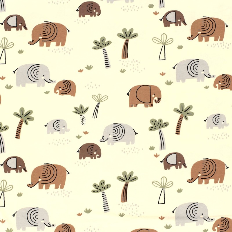 Tissu Jersey coton Éléphant dans la Savane Fond Blanc écru | Tissus Loup