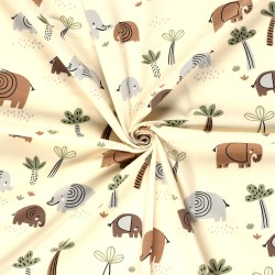 Tissu Jersey coton Éléphant dans la Savane Fond Blanc écru | Tissus Loup