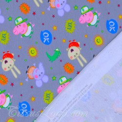 Tissu Jersey coton Peppa Pig et Emilie Eléphant Fond Gris | Tissus Loup