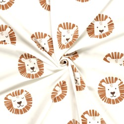 Tissu Jersey coton Têtes de Lions Fond Blanc Cassé | Tissus Loup