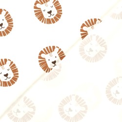 Tissu Jersey coton Têtes de Lions Fond Blanc Cassé | Tissus Loup