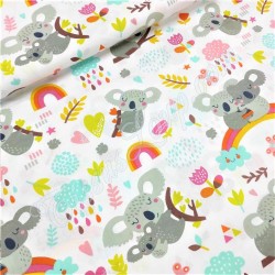 Tissu Coton Koala sur Arc-en-Ciel Fond Blanc | Tissus Loup