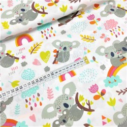 Tissu Coton Koala sur Arc-en-Ciel Fond Blanc | Tissus Loup