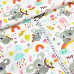 Tissu Coton Koala sur Arc-en-Ciel Fond Blanc | Tissus Loup