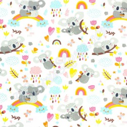 Tissu Coton Koala sur Arc-en-Ciel Fond Blanc | Tissus Loup