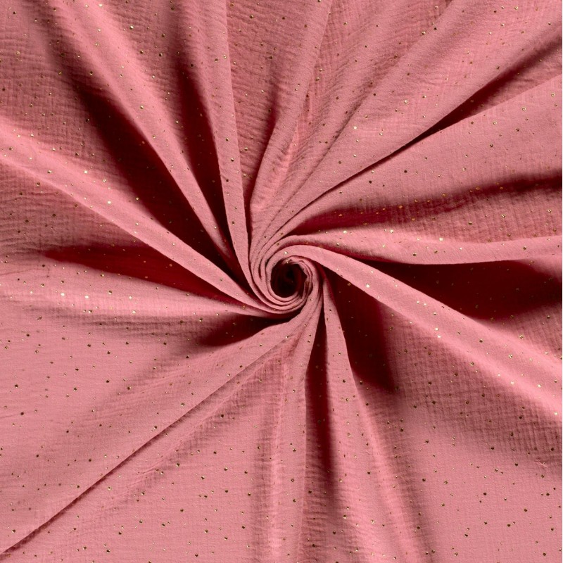 Tissu Double Gaze Rose Antique à pois dorés | Tissus Loup
