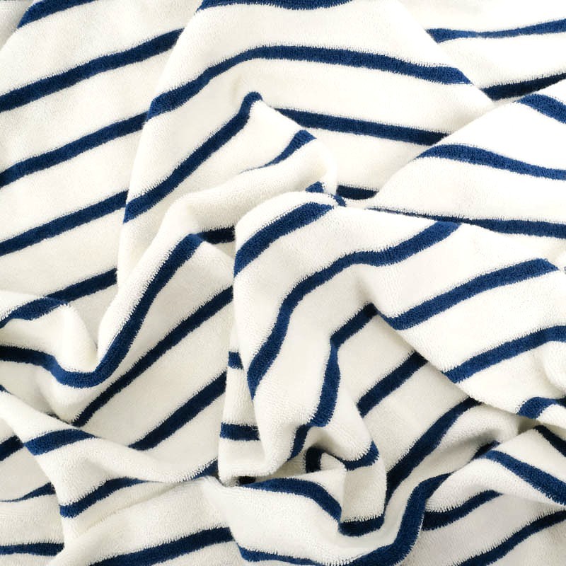 Tissu Jersey Mini Éponge Rayures Bleu Marine Fond Blanc Cassé | Tissus Loup
