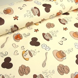 Tissu Déco Semi-Panama Café et Biscuits Fond Crème| Tissus Loup