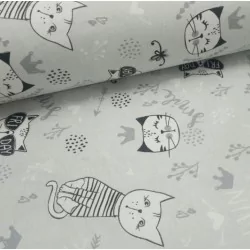 Tissu Coton Chat - Fun Day Fond Gris | Tissus Loup