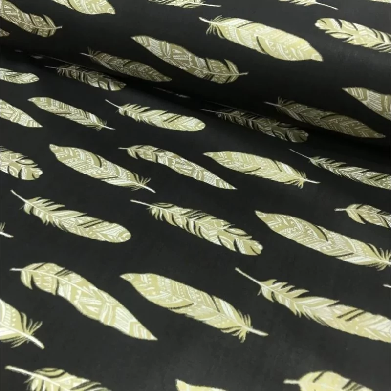 Tissu Coton Plume Dorée Fond Noir | Tissus Loup