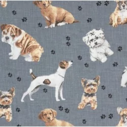Tissu en coton avec chiens de race yorkshire, jack russel, carlin, bouldogue, bichon, schnauzer et pinscher | Tissus Loup