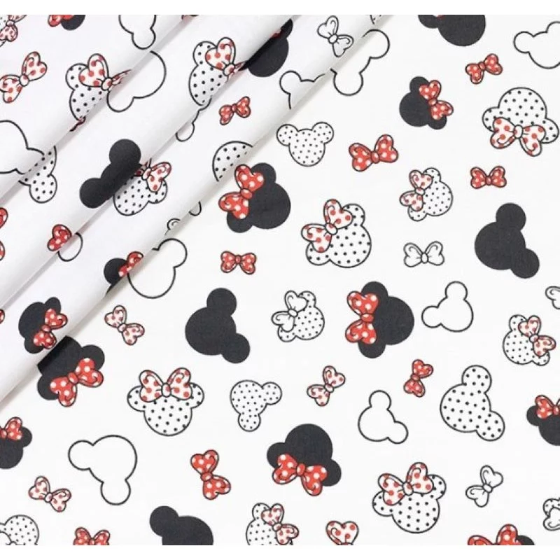 Tissu Coton Minnie-Mickey-Mouse Petite Tête Nœud Rouge | Tissus Loup