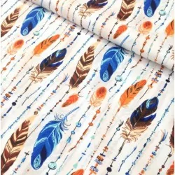 Tissu Coton Plumes et Perles Bleu et Orange | Tissus Loup
