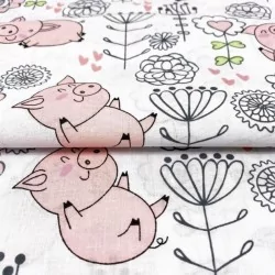 Tissu popeline coton | Petit Cochon heureux dans un champ de fleur et jouant avec un papillon | Tissus Loup