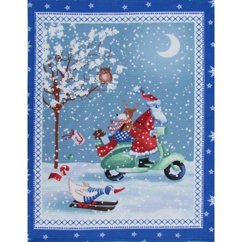Torchon de Fête Père Noël en Scooter Cadre Bleu | Tissus Loup
