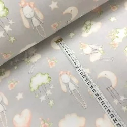 Tissu en coton imprimé avec des lapins et des oursons dormant | Tissu pour linges de lit | Tissus Loup