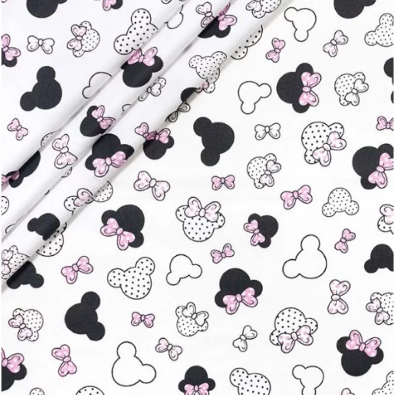Tissu Coton Minnie-Mickey-Mouse Petite Tête Nœud Rose | Tissus Loup
