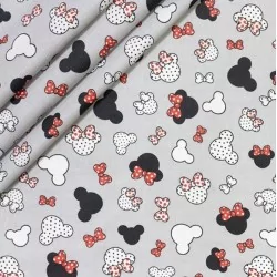 Tissu Coton Minnie-Mickey-Mouse Petite Tête Fond Gris | Tissus Loup