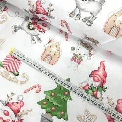 Tissu Coton Lutins de Noël, Rennes et Souris Fond Blanc | Tissus Loup