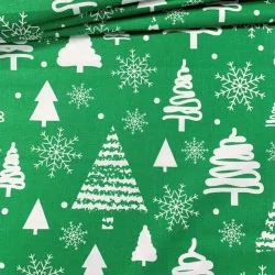 Tissu Coton Sapin de Noël et Flocon de Neige Fond Vert | Tissus Loup