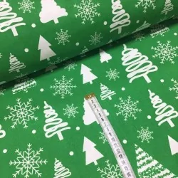 Tissu Coton Sapin de Noël et Flocon de Neige Fond Vert | Tissus Loup