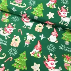 Tissu Coton Lutins de Noël, Rennes et Souris Fond Vert | Tissus Loup