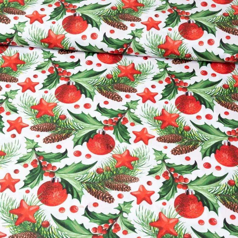 Tissu Coton Boules de Noel et Pommes de Pin | Tissus Loup