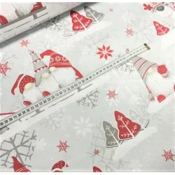 Tissu Coton Lutins de Noël Bonnets Rouge et Gris | Tissus Loup