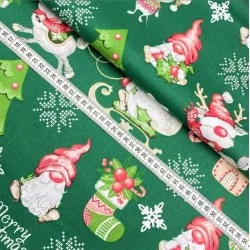 Tissu Coton Lutins de Noël, Rennes et Souris Fond Vert | Tissus Loup