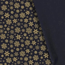 Tissu Coton Flocons de Neige Dorés Fond bleu Marine | Tissus Loup