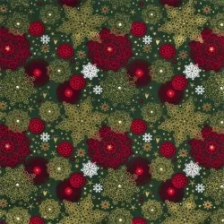 Tissu Coton Flocons de Neige Dorés et rouges Fond vert | Tissus Loup