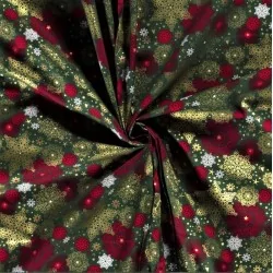 Tissu Coton Flocons de Neige Dorés et rouges Fond vert | Tissus Loup