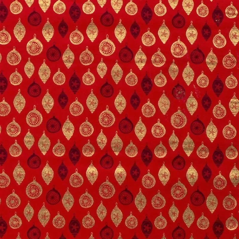Tissu Coton boules de Noël dorées Déco Fond Rouge | Tissus Loup