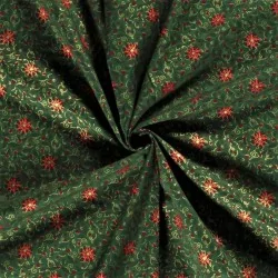Tissu Coton Fleur l’étoile rouge de Noël branches dorées Fond vert | Tissus Loup