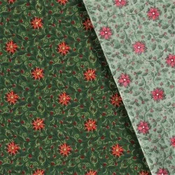 Tissu Coton Fleur l’étoile rouge de Noël branches dorées Fond vert | Tissus Loup