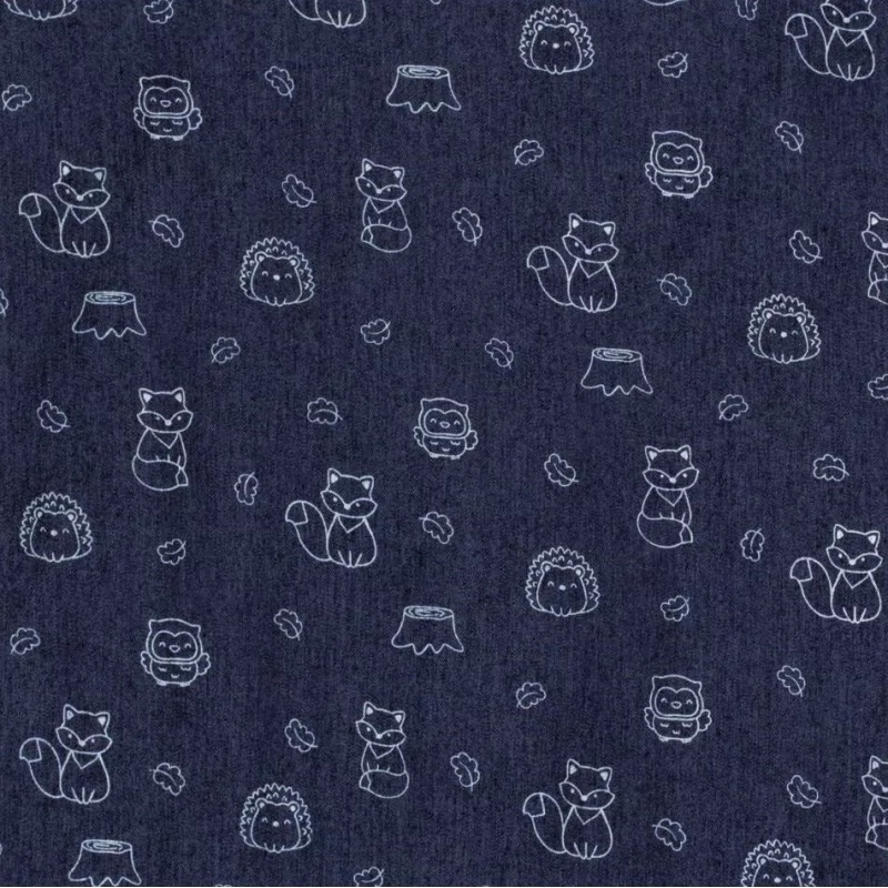 Tissu Jean stretch bleu foncé imprimé animaux de la foret | Tissus Loup