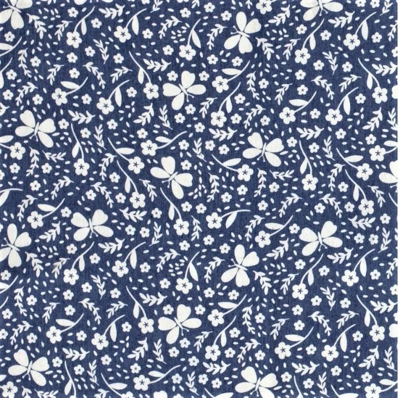 Tissu Jean stretch imprimé bleu clair papillons et fleurs | Tissus Loup